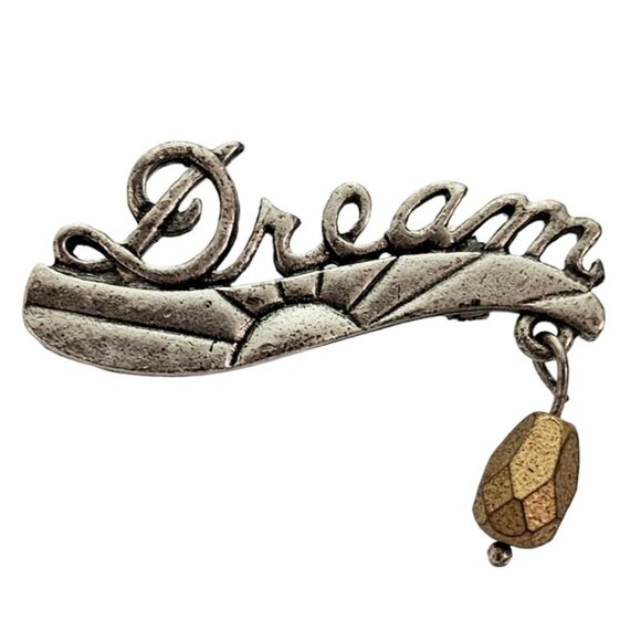 Chico’s Silver Tone  Cursive Letter Sign DREAM W/ Dangle Charm Pin, Signed L318 - Picture 1 of 9